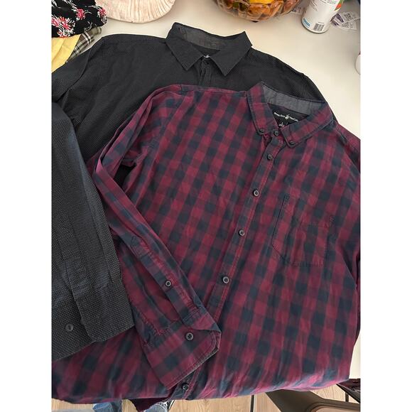 Set/2 Beverly Hills Polo Club L button shirts collared plaid black longsleeve - Picture 6 of 11